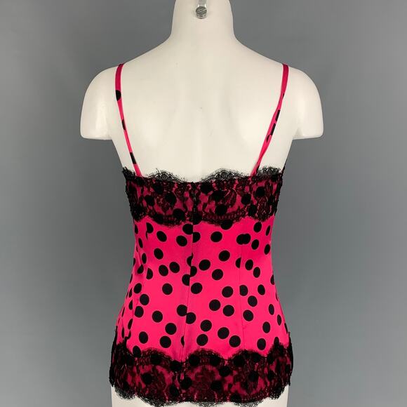 D&G by DOLCE & GABBANA Size 2 Fuchsia Black Silk Polka Dot Casual Top - Picture 3 of 6